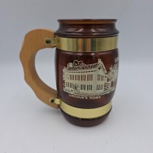 Vintage Siesta Ware Land Of Lincoln Brown Beer Mug With Wooden Handle Graphics
